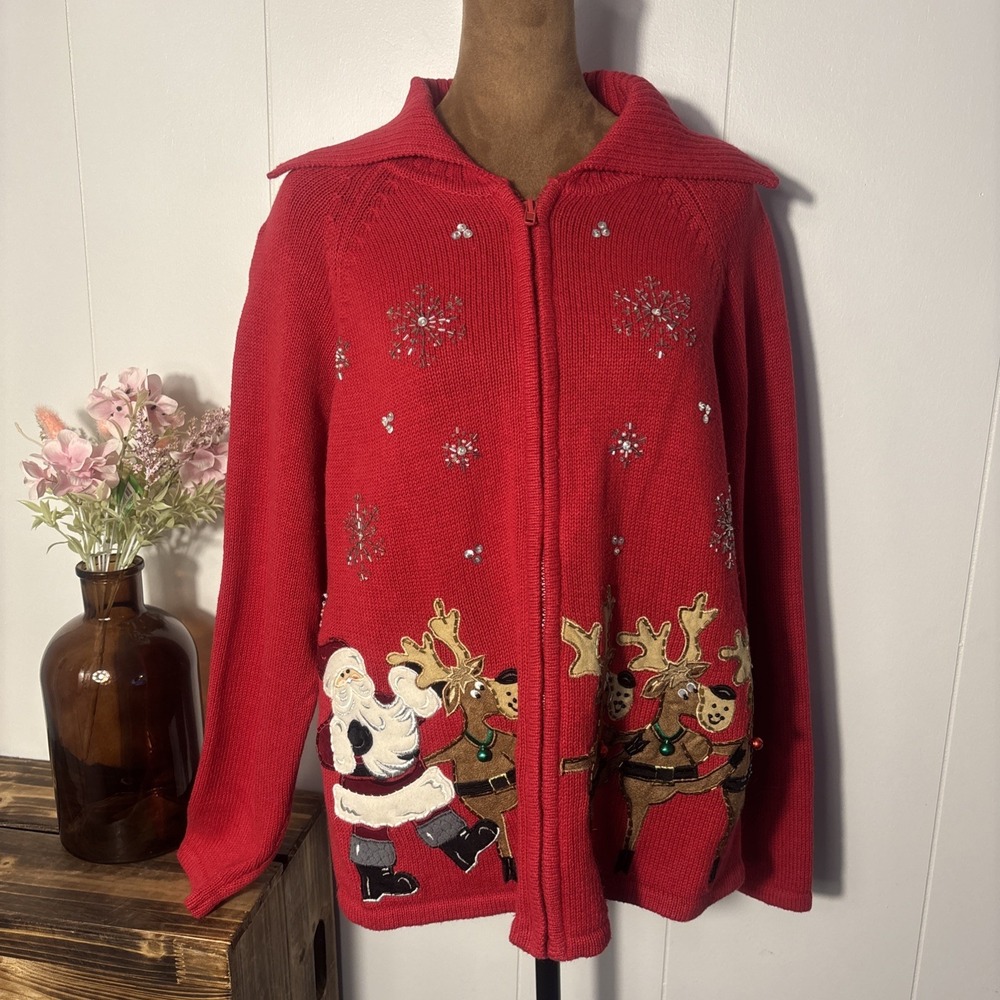 Tiara International 2004 women's red Christmas full zip sweater Vintage Sz Large
